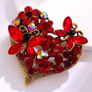 Red Rhinestone Heart Brooch w/Butterflies Mounted on Antiqued Golden Base